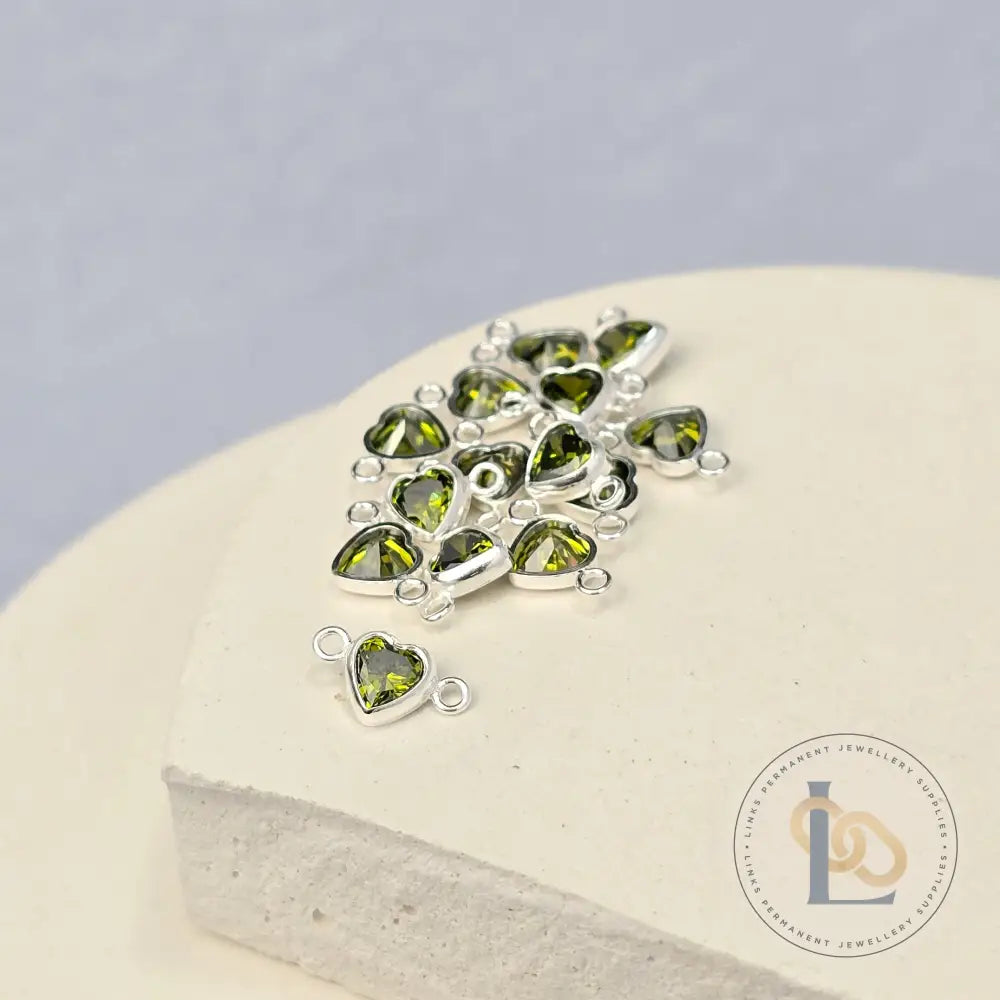 4mm Heart Birthstone Connector Charm Sterling silver / August - Peridot