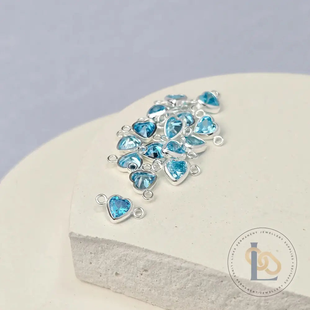 4mm Heart Birthstone Connector Charm Sterling silver / December - Blue Zircon