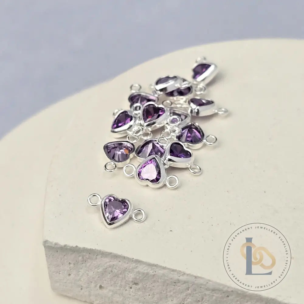 4mm Heart Birthstone Connector Charm Sterling silver / February - Amethyst