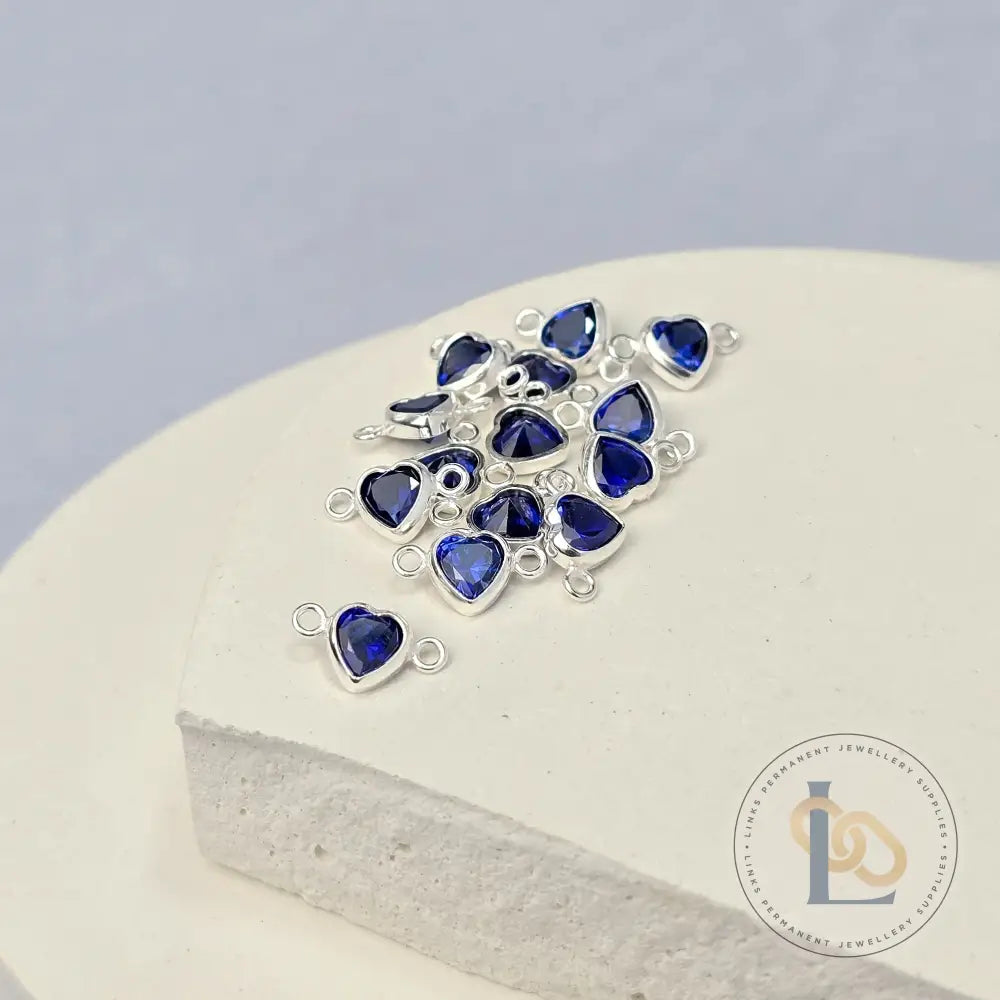 4mm Heart Birthstone Connector Charm Sterling silver / September - Sapphire
