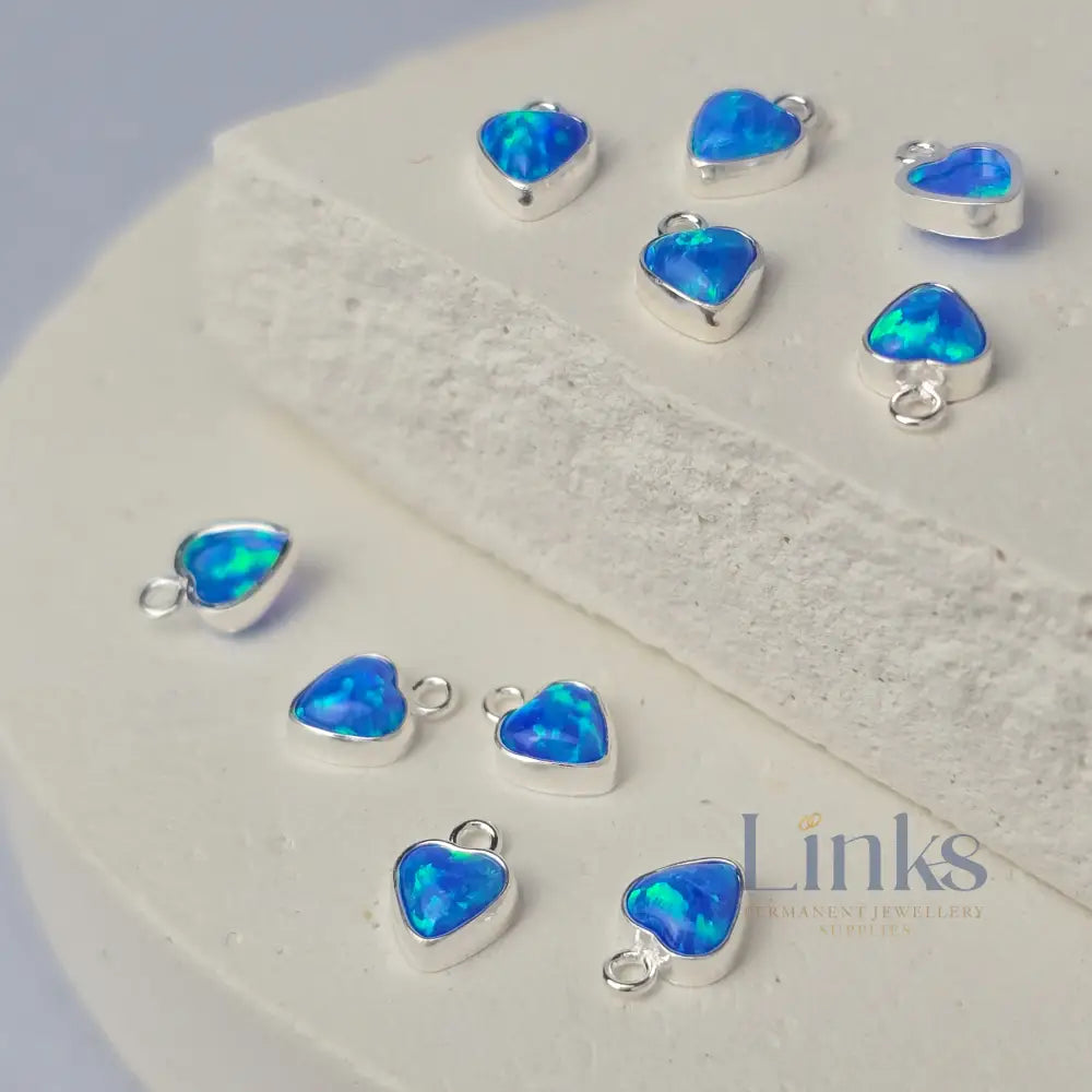 4mm Opal Heart Charm Sterling Silver / Blue