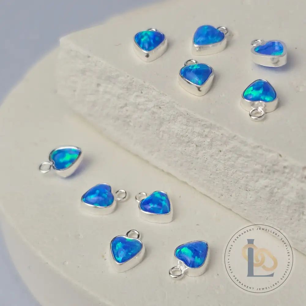 4mm Opal Heart Charm Sterling Silver / Blue