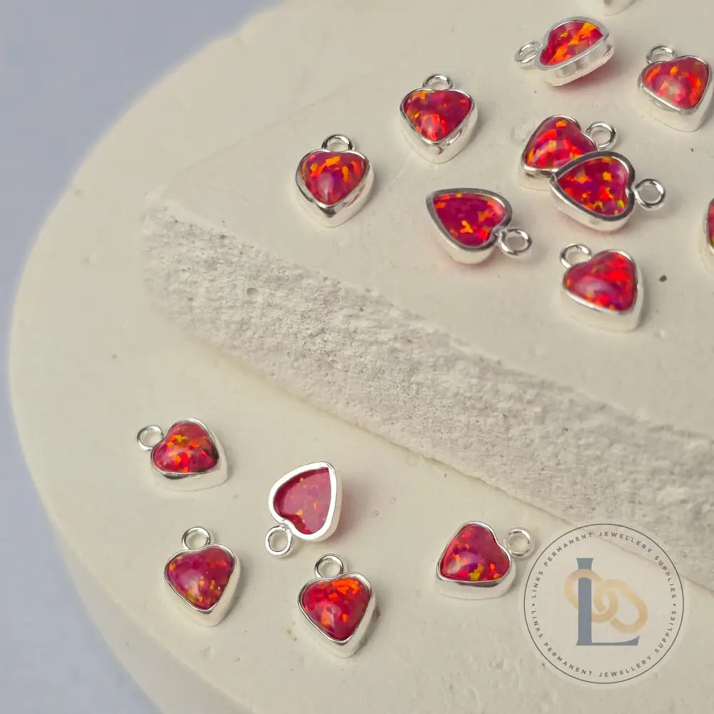 4mm Opal Heart Charm Sterling Silver / Red