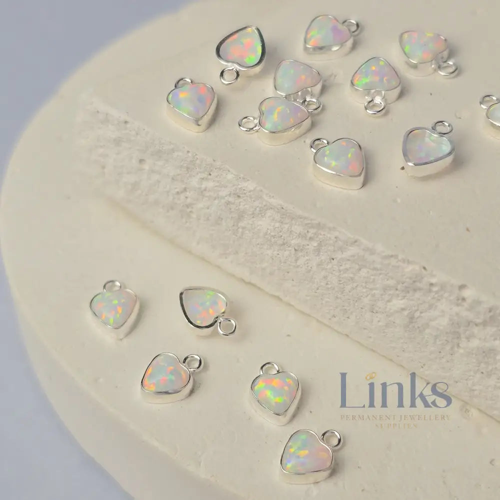 4mm Opal Heart Charm Sterling Silver / White