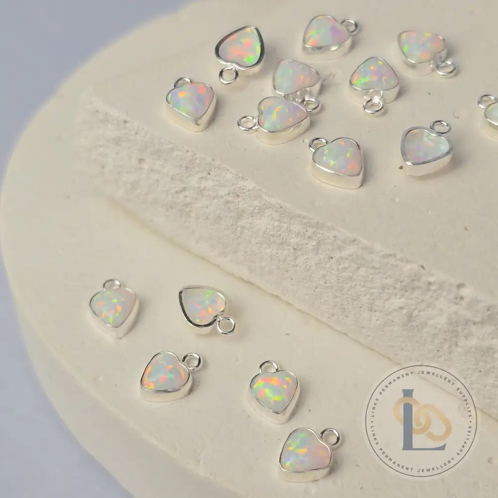 4mm Opal Heart Charm Sterling Silver / White