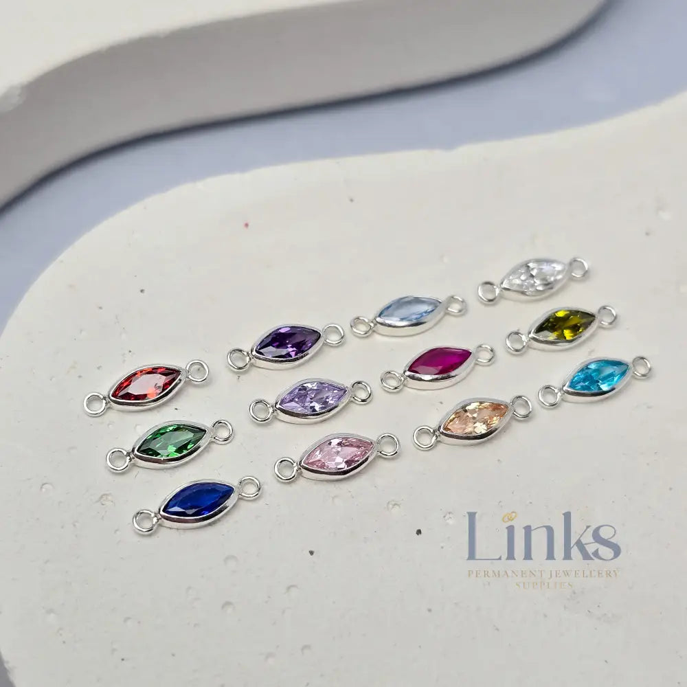 6mm Marquise Birthstone Connector Sterling silver / Set of 13 Birthstones