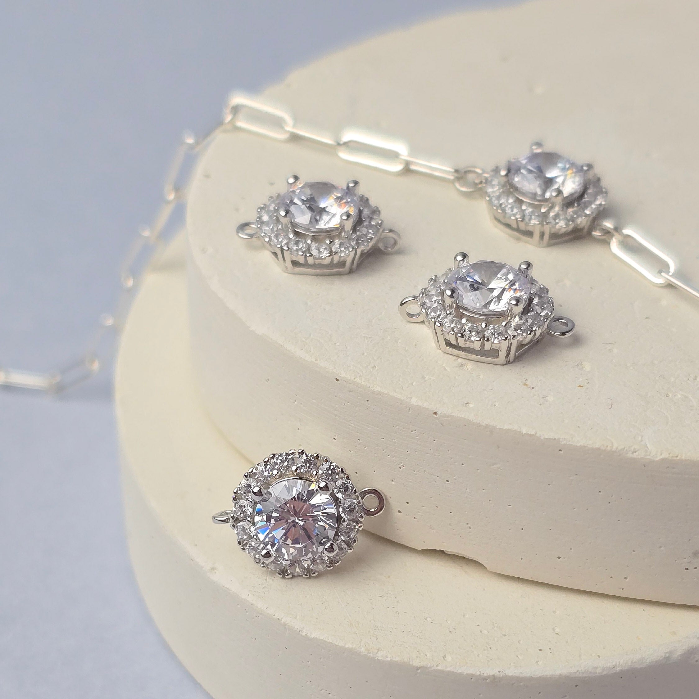 Sterling Silver Round Halo CZ Connector Connector Charms