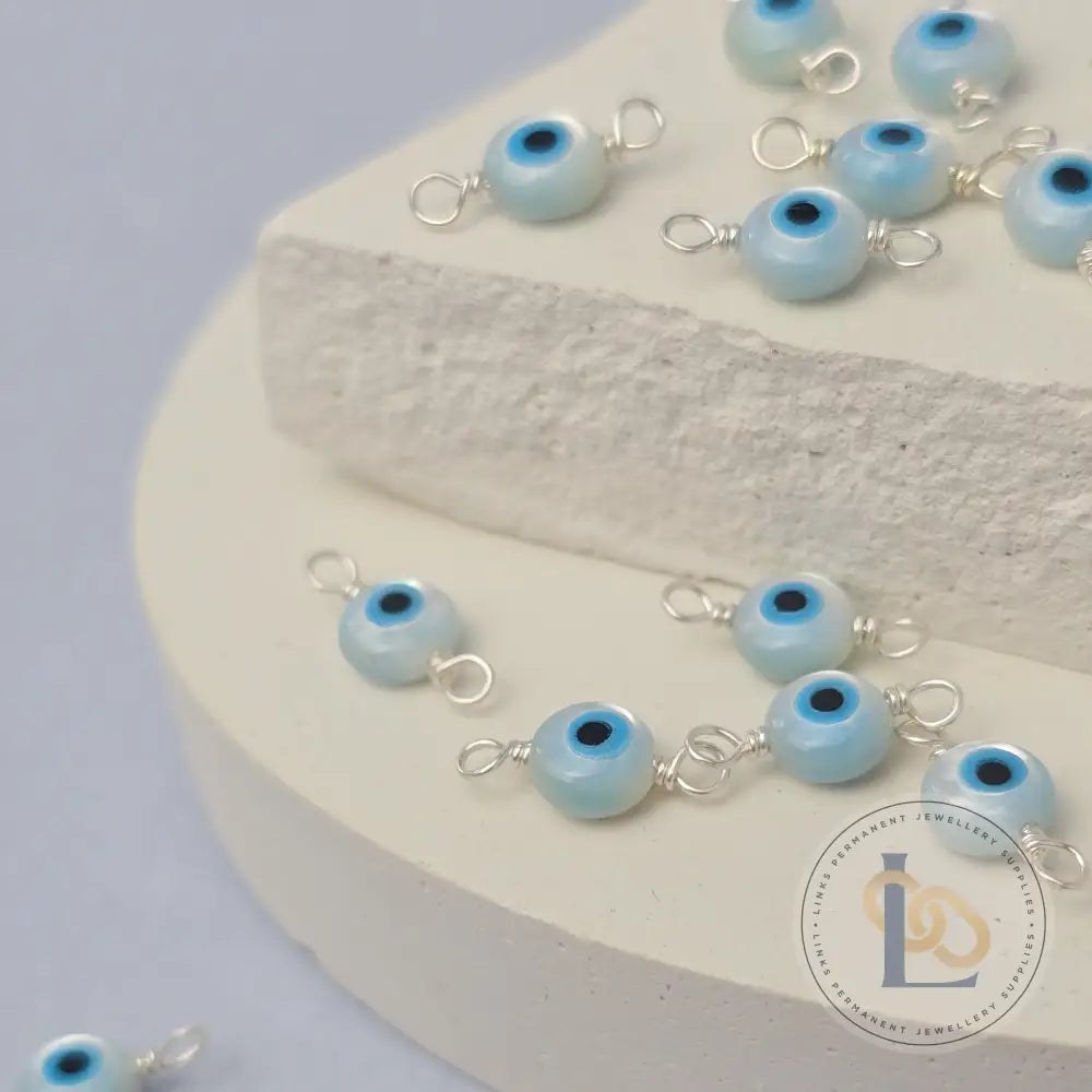 Mother of Pearl Evil Eye Connector Charm Sterling Silver
