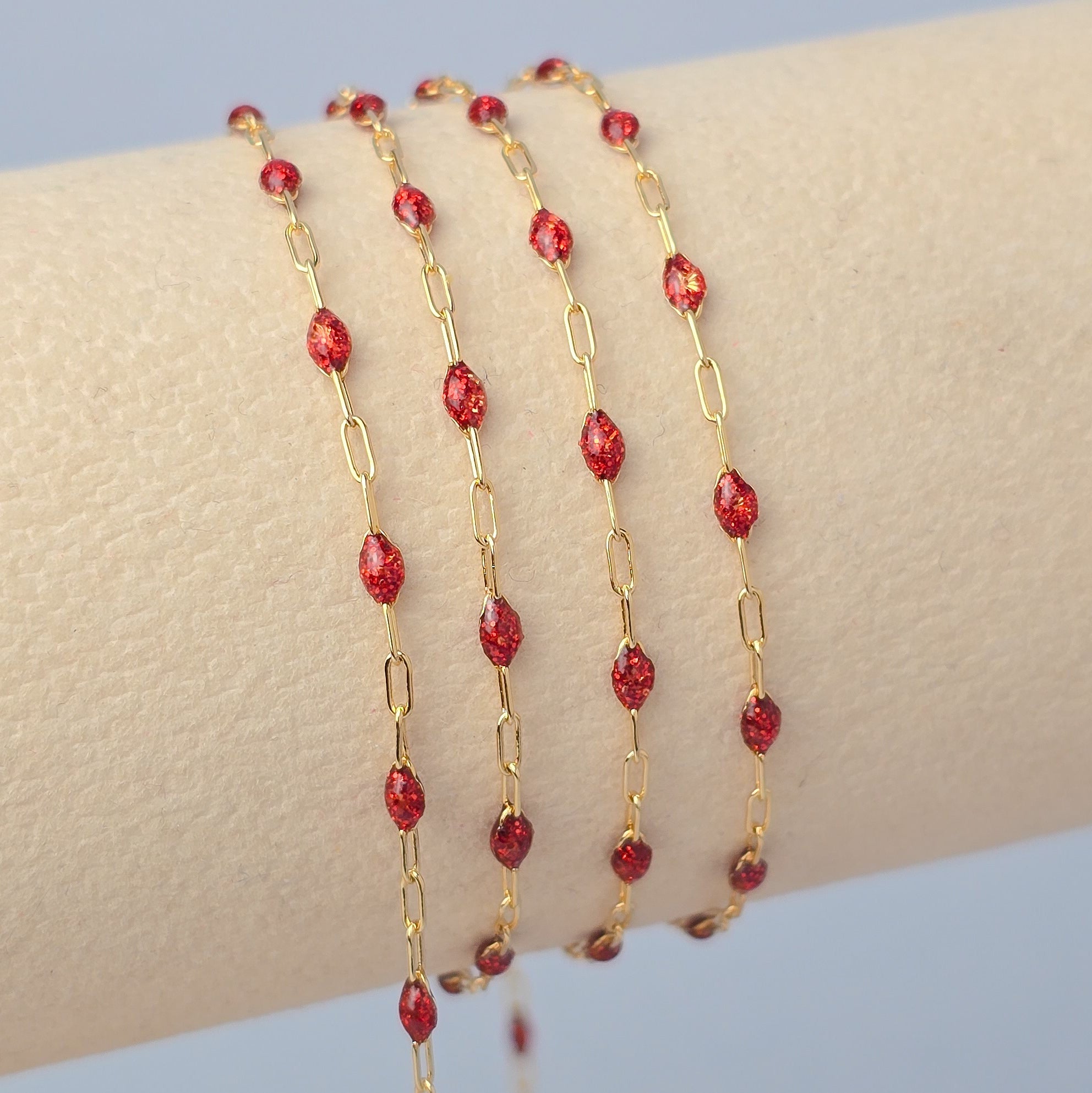Stained Glass Ruby Enamel Sunburst & Paperclip Chain 14k Gold Filled / 1 Meter
