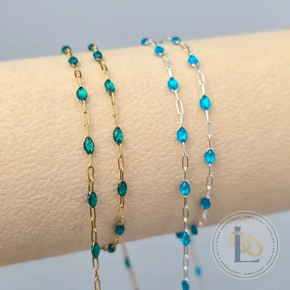 Stained Glass Blue Enamel Sunburst & Paperclip Chain - 14k Gold Filled & 925 Sterling Silver