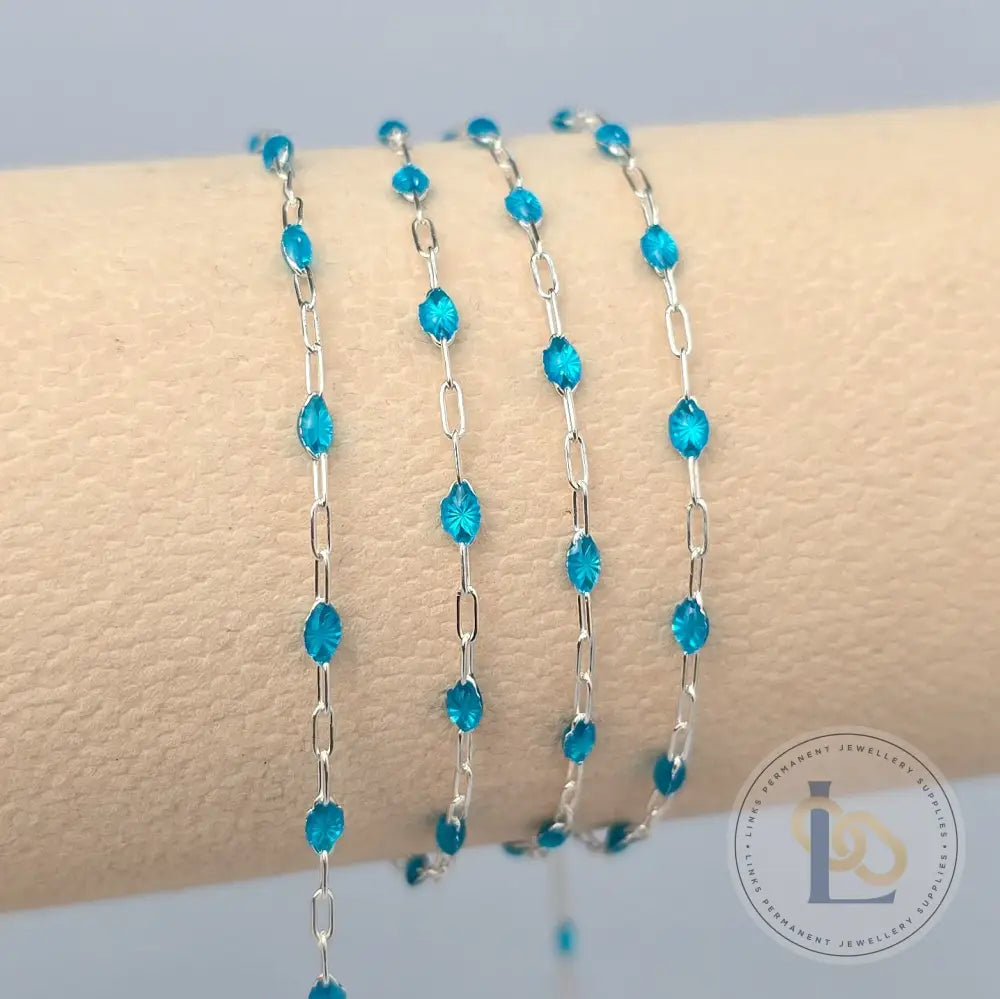 Stained Glass Blue Enamel Sunburst & Paperclip Chain - 14k Gold Filled & 925 Sterling Silver 925 Sterling Silver