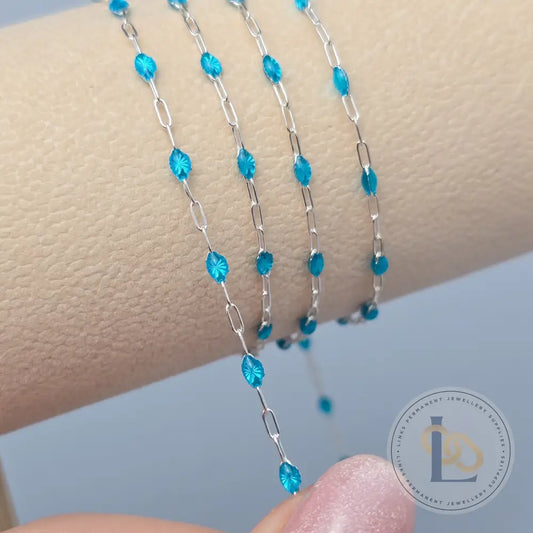 Clear Blue Enamel Sunburst & Paperclip Chain - 14k Gold Filled & 925 Sterling Silver