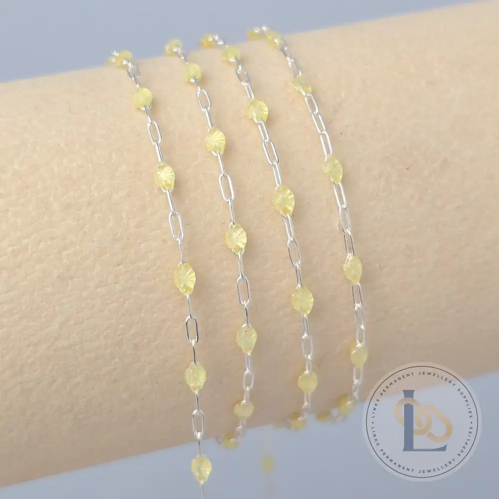 Stained Glass Citrine Enamel Sunburst & Paperclip Chain 925 Sterling Silver / 1 Meter