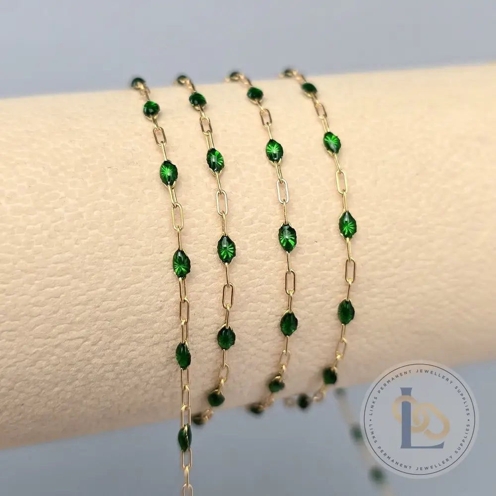 Clear Green Enamel Sunburst & Paperclip Chain - 14k Gold Filled & 925 Sterling Silver 14k Gold Filled