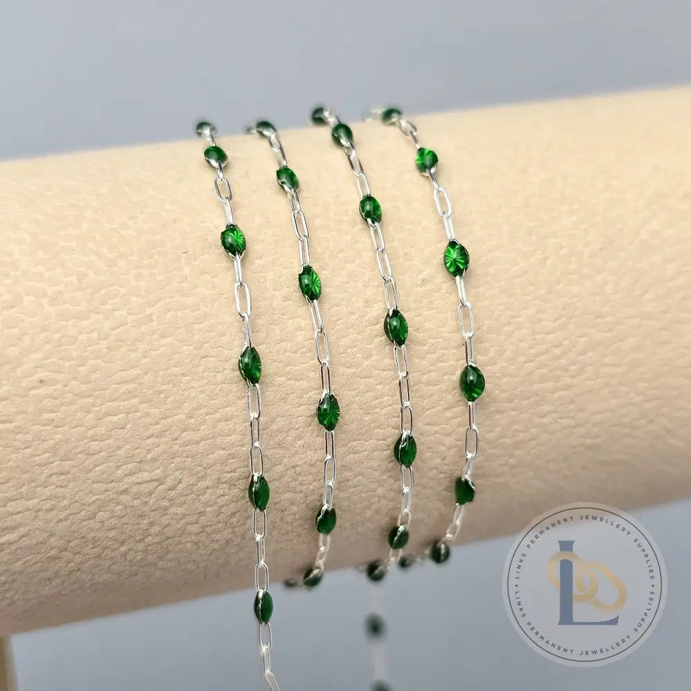 Clear Green Enamel Sunburst & Paperclip Chain - 14k Gold Filled & 925 Sterling Silver 925 Sterling Silver