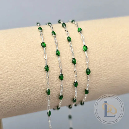 Clear Green Enamel Sunburst & Paperclip Chain - 14k Gold Filled & 925 Sterling Silver 925 Sterling Silver