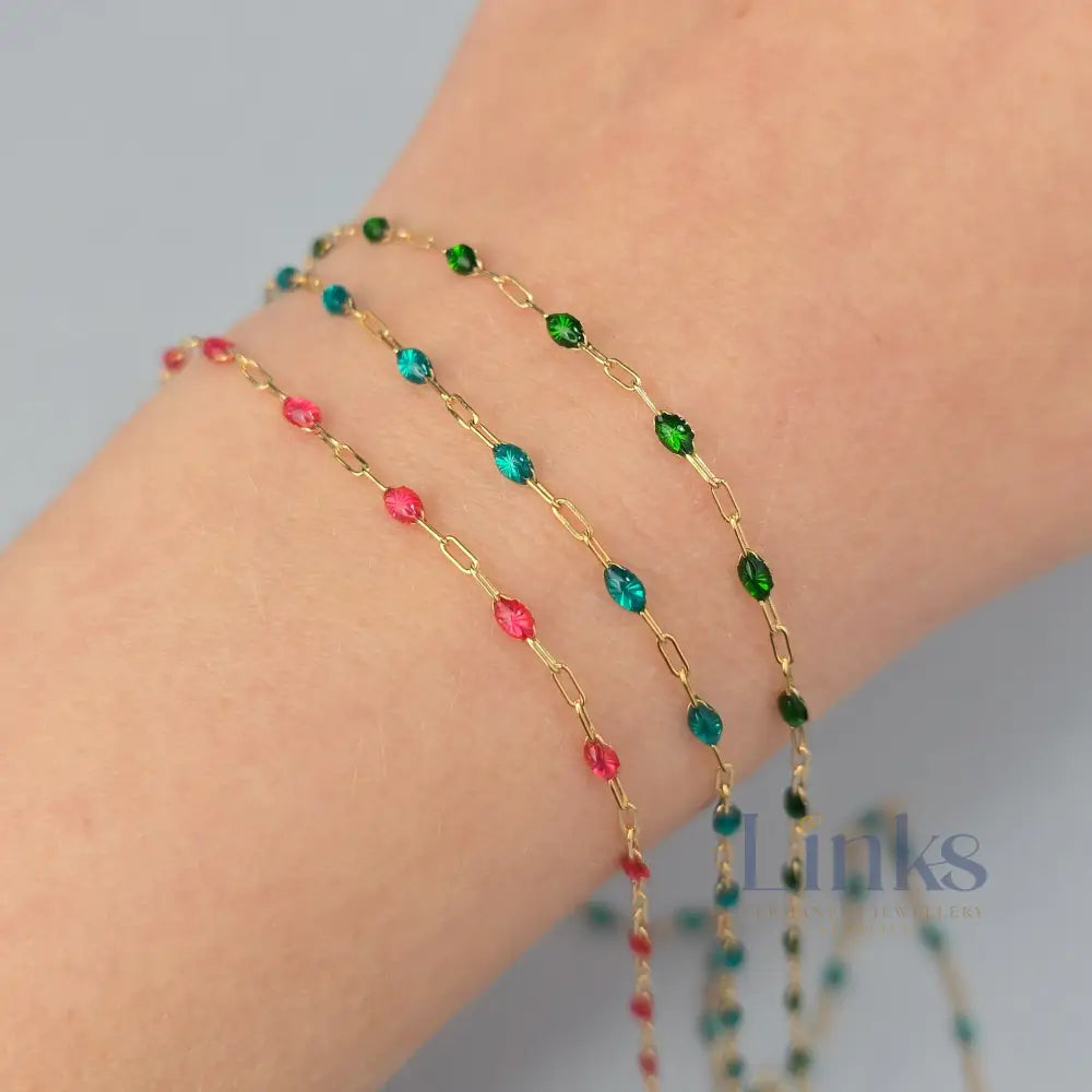 Stained Glass Green Enamel Sunburst & Paperclip Chain - 14k Gold Filled & 925 Sterling Silver