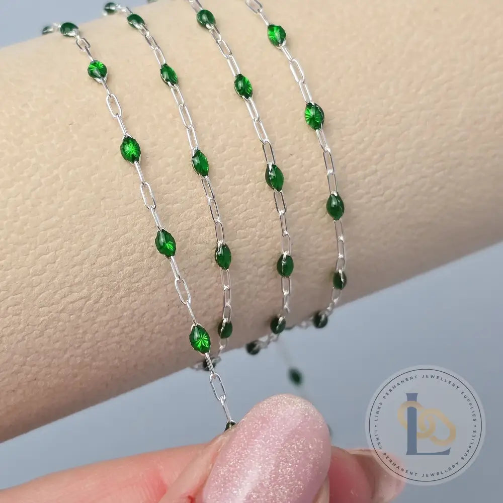 Clear Green Enamel Sunburst & Paperclip Chain - 14k Gold Filled & 925 Sterling Silver