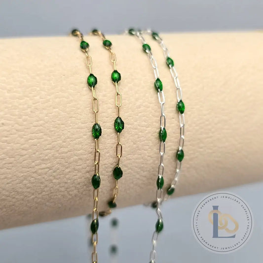 Clear Green Enamel Sunburst & Paperclip Chain - 14k Gold Filled & 925 Sterling Silver