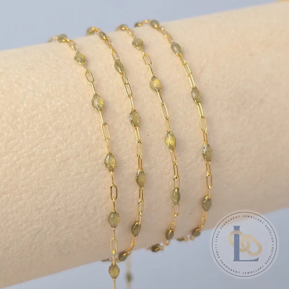 Stained Glass Peridot Enamel Sunburst & Paperclip Chain 14k Gold Filled / 1 Meter