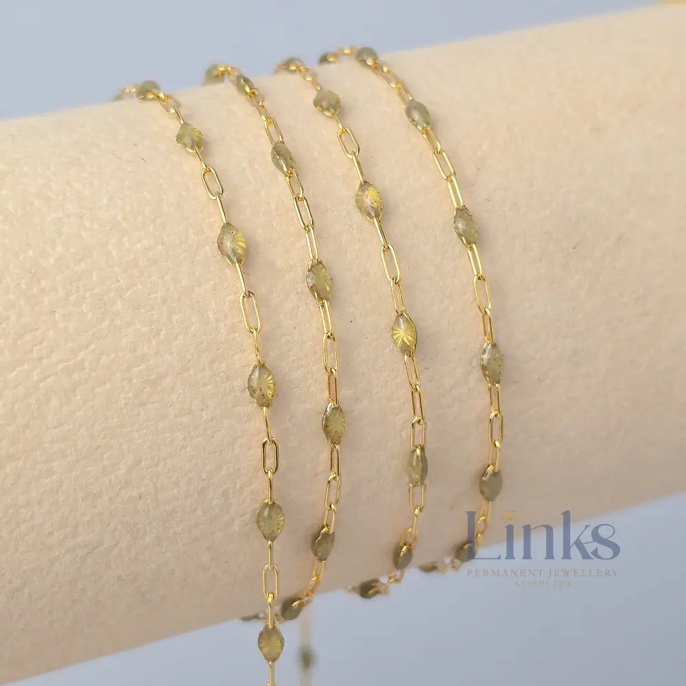 Stained Glass Peridot Enamel Sunburst & Paperclip Chain 14k Gold Filled / 1 Meter