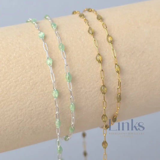 Stained Glass Peridot Enamel Sunburst & Paperclip Chain