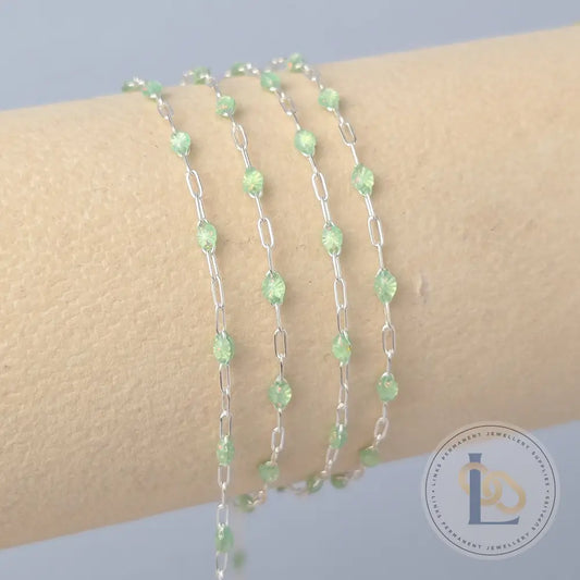 Stained Glass Peridot Enamel Sunburst & Paperclip Chain 925 Sterling Silver / 1 Meter