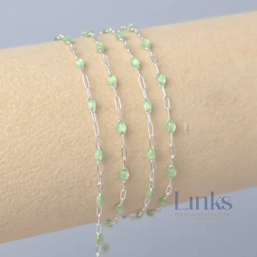 Stained Glass Peridot Enamel Sunburst & Paperclip Chain 925 Sterling Silver / 1 Meter