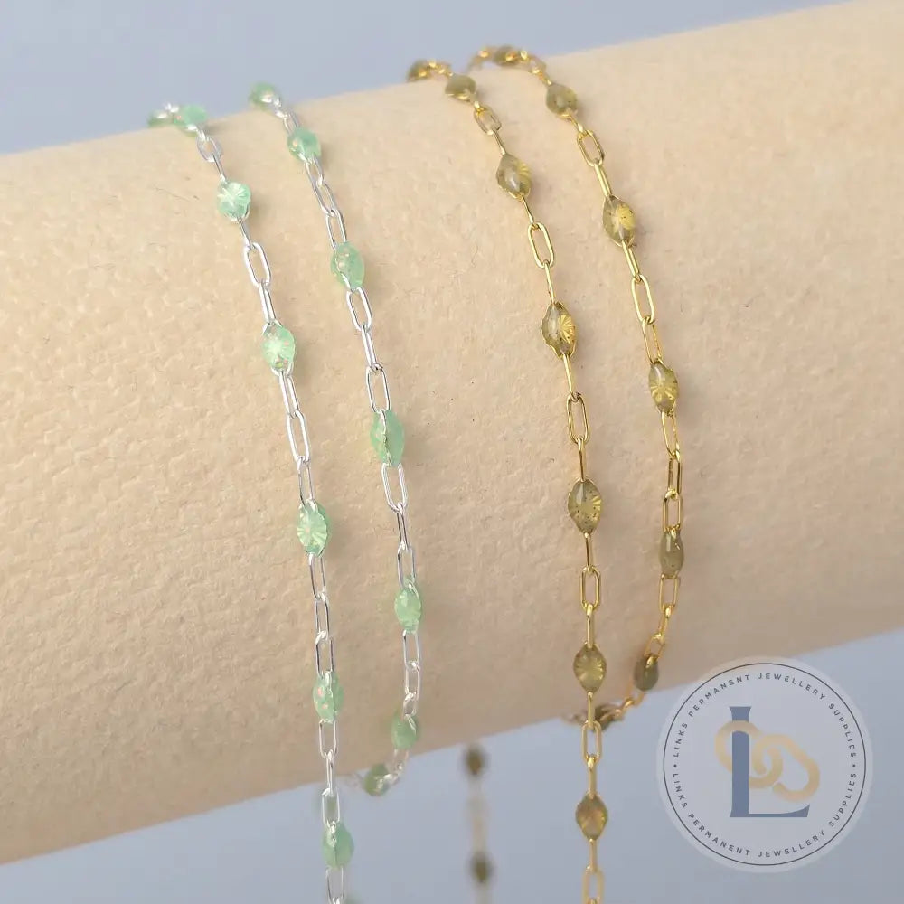 Stained Glass Peridot Enamel Sunburst & Paperclip Chain