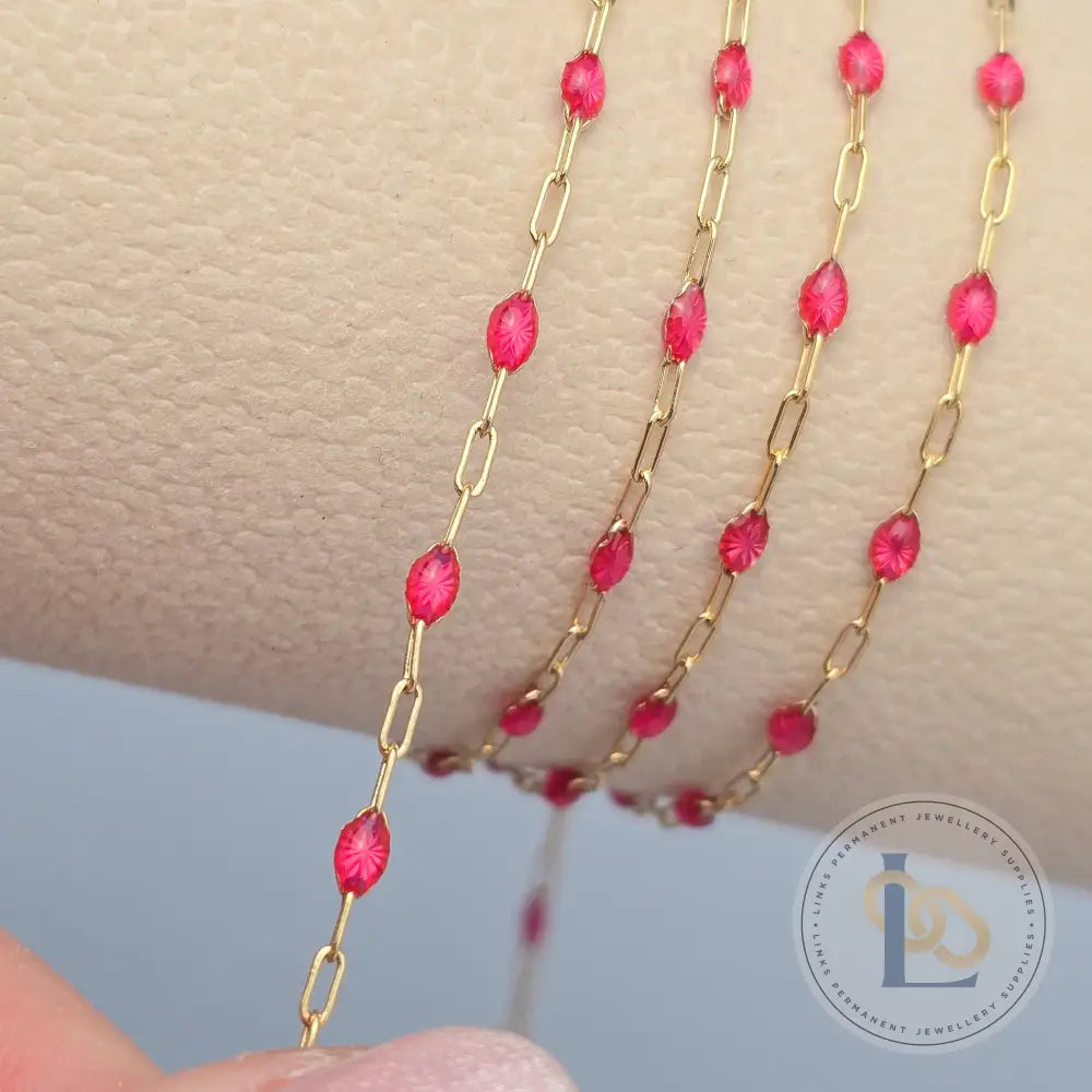 Clear Pink Enamel Sunburst & Paperclip Chain - 14k Gold Filled & 925 Sterling Silver