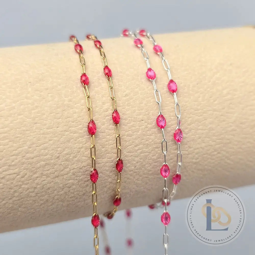 Clear Pink Enamel Sunburst & Paperclip Chain - 14k Gold Filled & 925 Sterling Silver