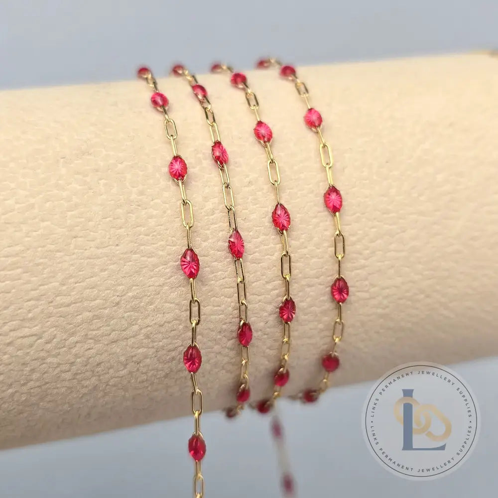 Clear Pink Enamel Sunburst & Paperclip Chain - 14k Gold Filled & 925 Sterling Silver 14k Gold Filled