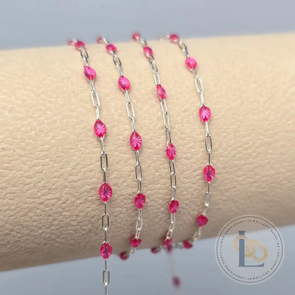 Clear Pink Enamel Sunburst & Paperclip Chain - 14k Gold Filled & 925 Sterling Silver 925 Sterling Silver