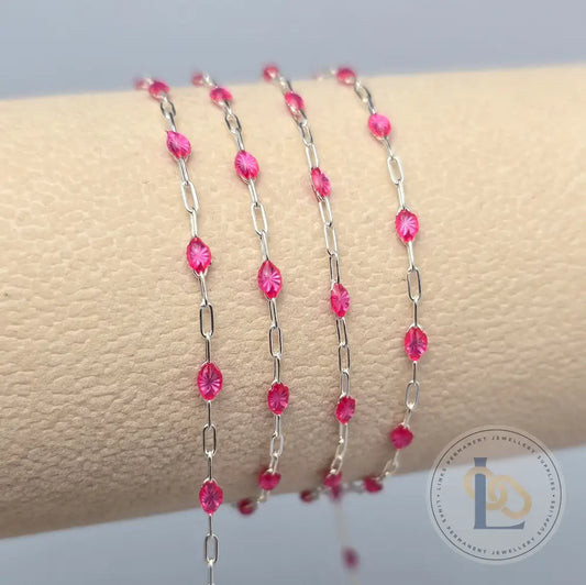 Clear Pink Enamel Sunburst & Paperclip Chain - 14k Gold Filled & 925 Sterling Silver 925 Sterling Silver