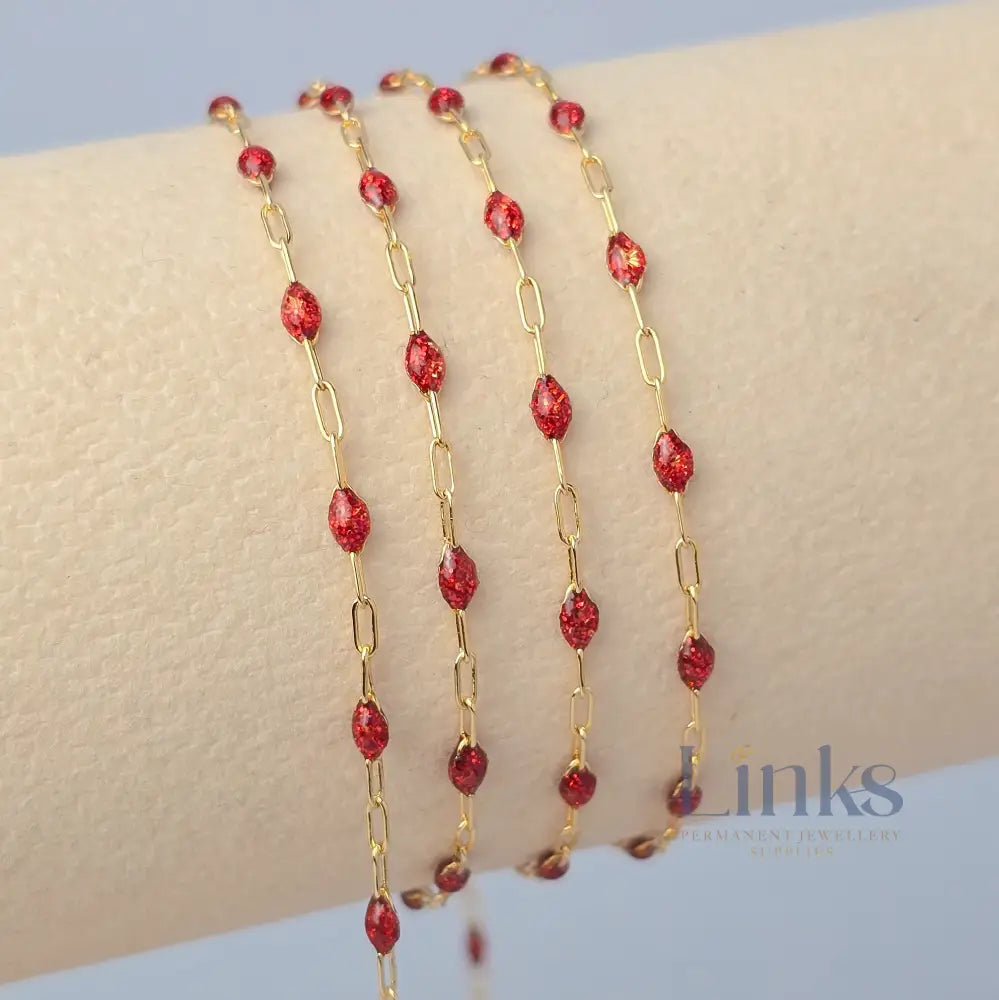 Stained Glass Ruby Enamel Sunburst & Paperclip Chain 14k Gold Filled / 1 Meter