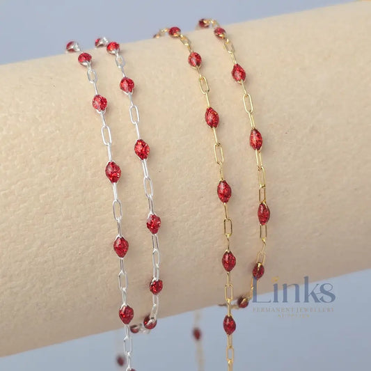 Stained Glass Ruby Enamel Sunburst & Paperclip Chain