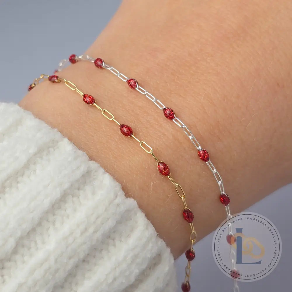 Stained Glass Ruby Enamel Sunburst & Paperclip Chain