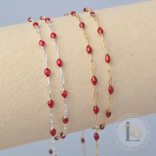 Stained Glass Ruby Enamel Sunburst & Paperclip Chain