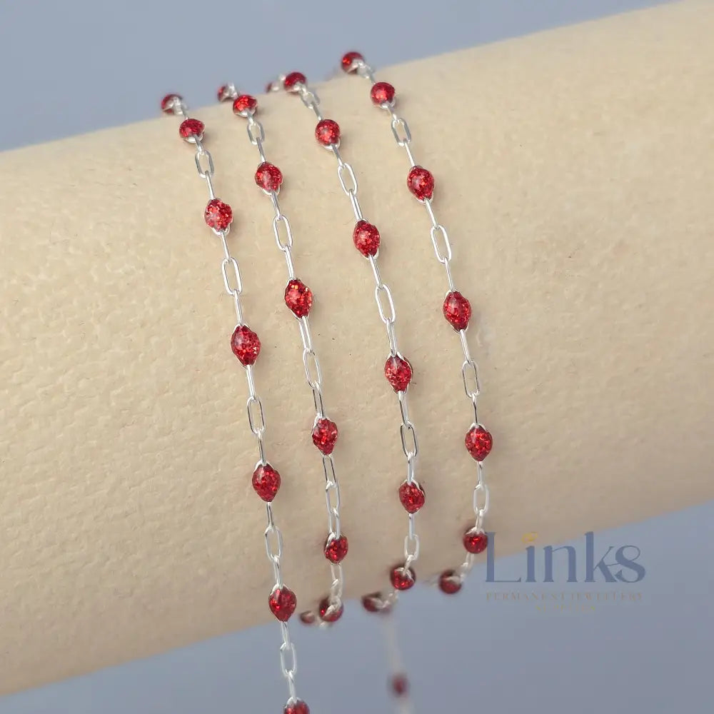 Stained Glass Ruby Enamel Sunburst & Paperclip Chain 925 Sterling Silver / 1 Meter