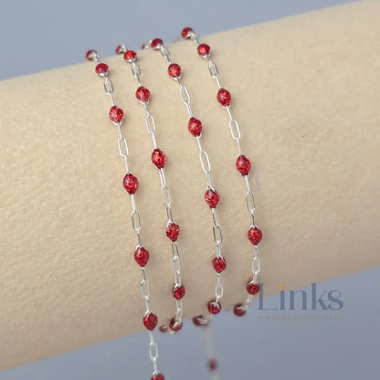 Stained Glass Ruby Enamel Sunburst & Paperclip Chain 925 Sterling Silver / 1 Meter