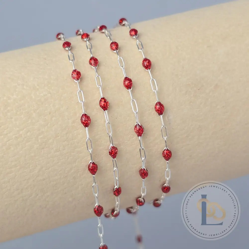 Stained Glass Ruby Enamel Sunburst & Paperclip Chain 925 Sterling Silver / 1 Meter