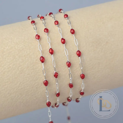 Stained Glass Ruby Enamel Sunburst & Paperclip Chain 925 Sterling Silver / 1 Meter