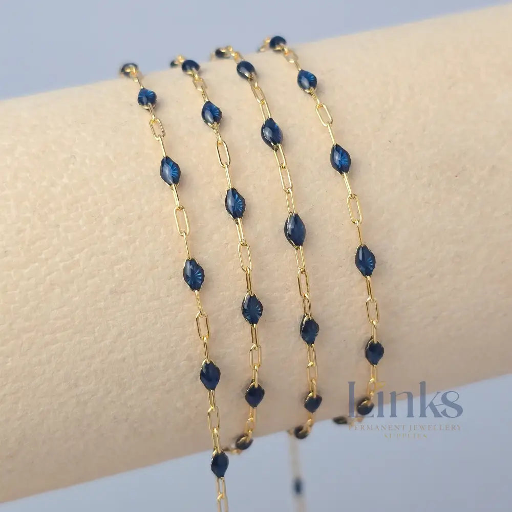 Stained Glass Sapphire Enamel Sunburst & Paperclip Chain 14k Gold Filled / 1 Meter