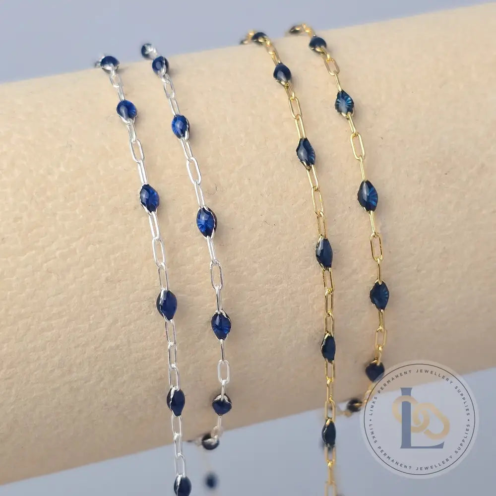 Stained Glass Sapphire Enamel Sunburst & Paperclip Chain