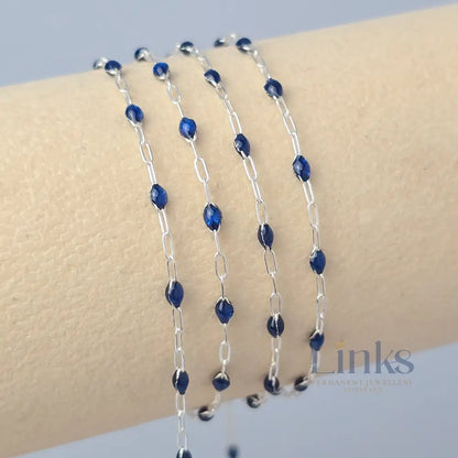 Stained Glass Sapphire Enamel Sunburst & Paperclip Chain 925 Sterling Silver / 1 Meter