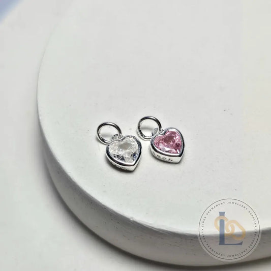 Sterling Silver Crystal Heart Pendant Charm Pink