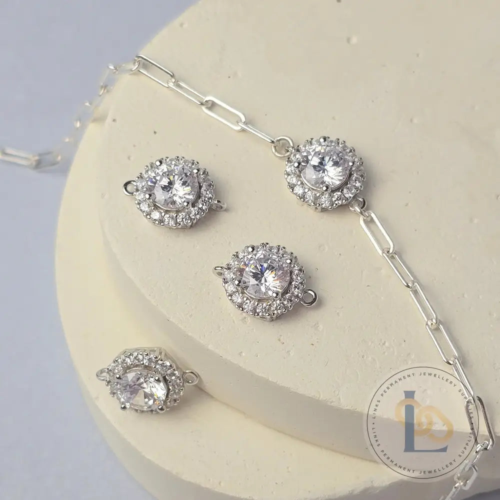 Sterling Silver Round Halo CZ Connector Connector Charms