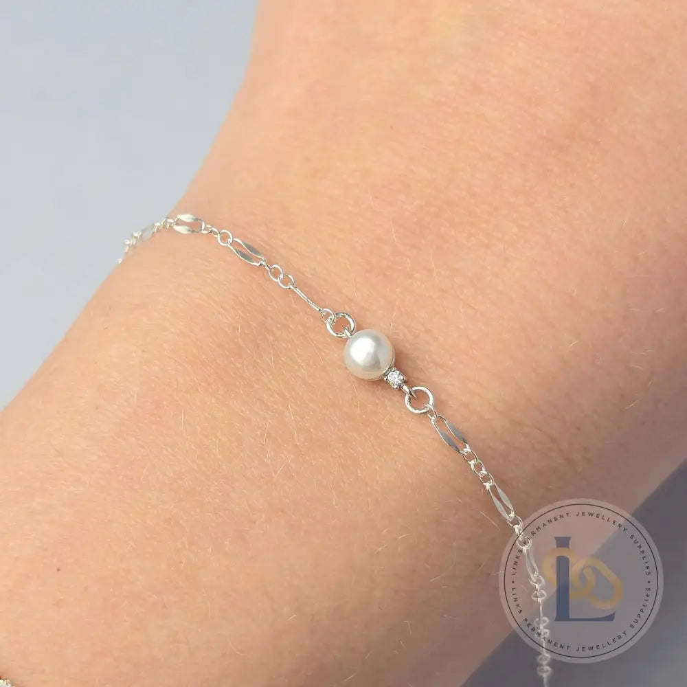Sterling Silver Round Pearl Connector with Tiny CZ Stone Charms