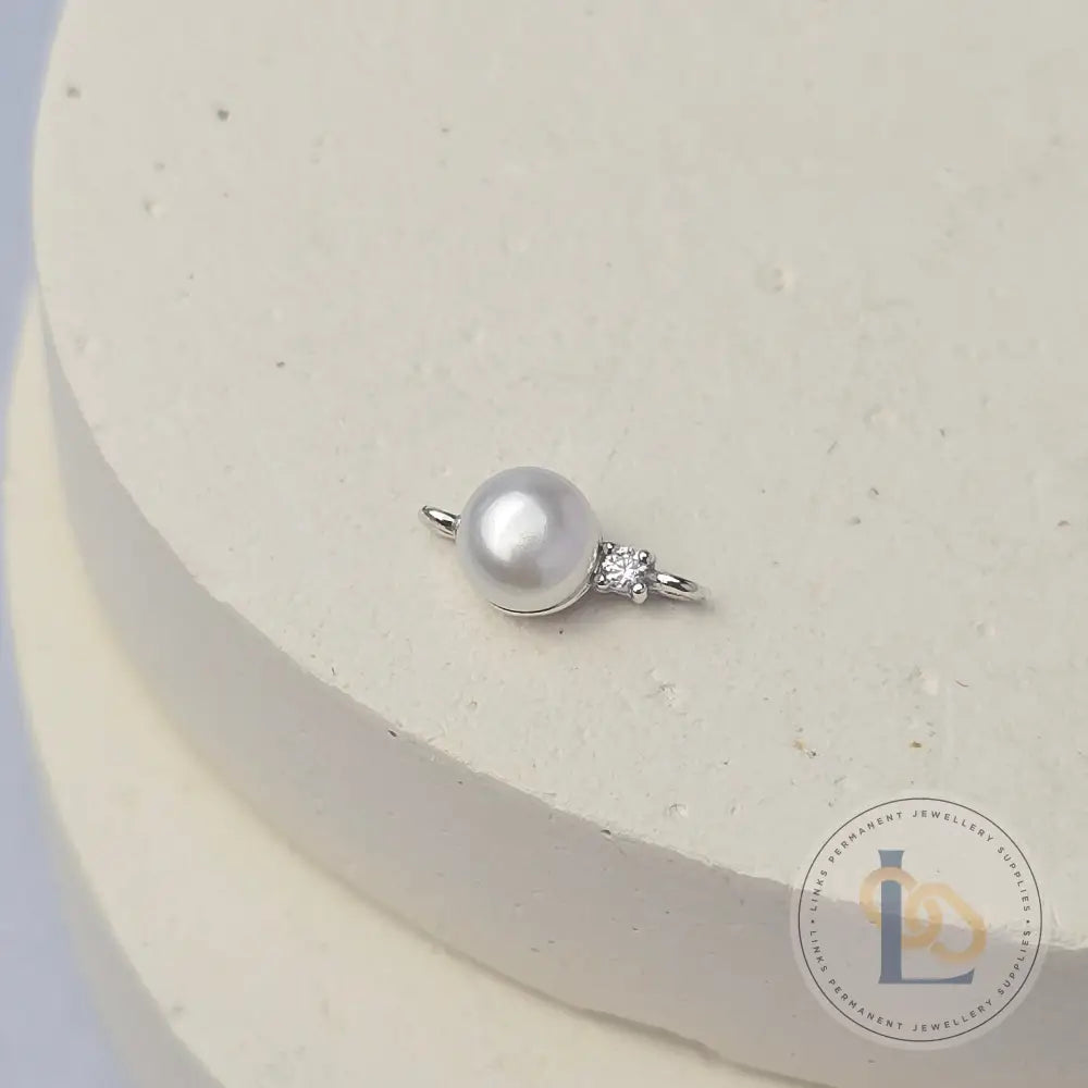 Sterling Silver Round Pearl Connector with Tiny CZ Stone Charms