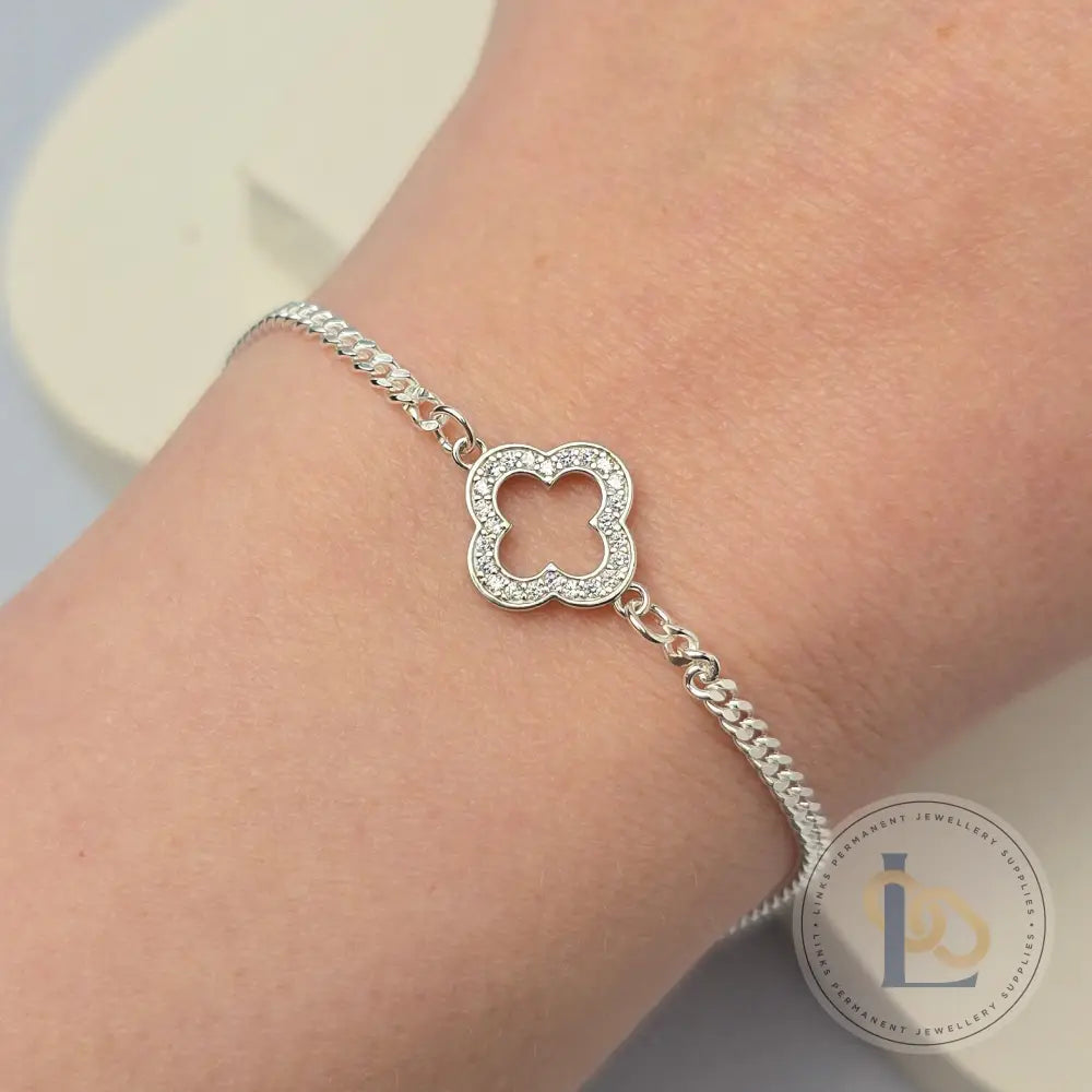 Sterling Silver Crystal Hollow Clover Connector